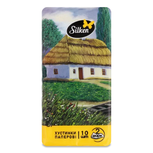 Хустинки паперові носові білі без аромату 2-х шарові Silken, 10 шт