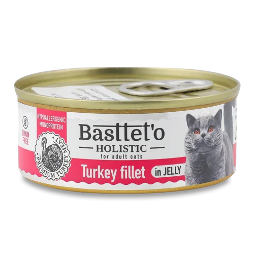 Корм для котів шматочки філе індички в желе, залізна банка 85г, Basttet'o Holistic