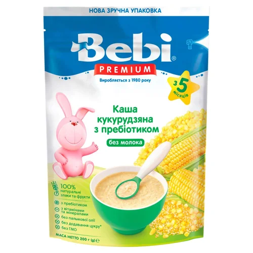 Каша безмолочна Bebi Premium кукурудзяна низькоалергенна з пребіотиками для дітей з 5 місяців 200г