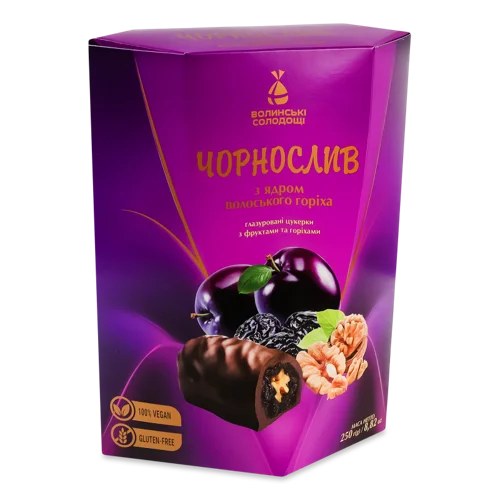 Цукерки Глазуровані Чорнослив З Ядром Волоського Горіха, Вищого Ґатунку, Картонна Упаковка, 250г