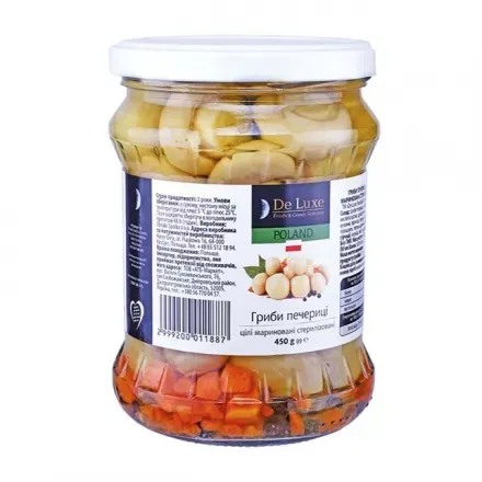 Гриби 450г De Luxe Foods&Goods Selected Печериці мариновані скляна банка