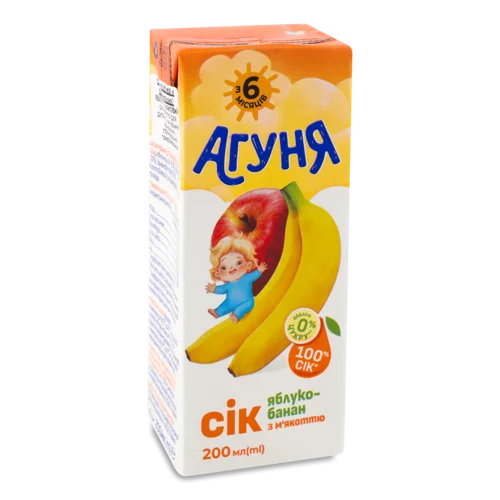 Сік Дитячий З М'якоттю Освітлений Відновлений Стерилізований Яблуко-Банан Агуня, т/п 200мл