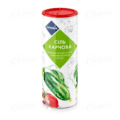 Сіль «Премія»® екстра кухонна харчова з додаванням йоду і фтору, 450г