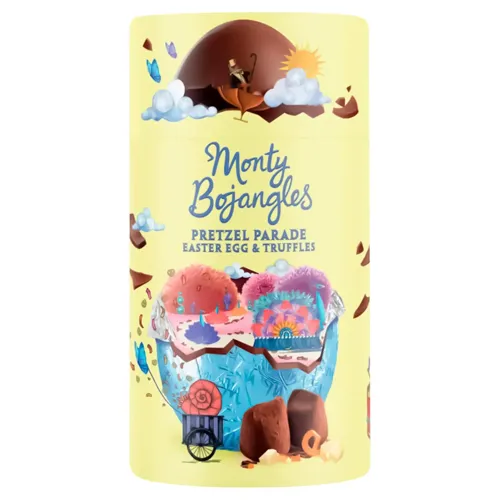 Трюфелі Monty Bojangles Pretzel Parade присипані какао з шматочками солоних кукурудзяних кренделів і шматочками білого шоколада 175г