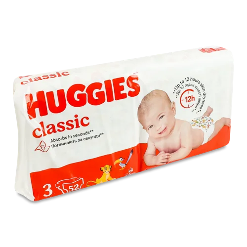 Підгузки Дитячі 4-9 кг 3 Classic Huggies 52 шт, в/ґ