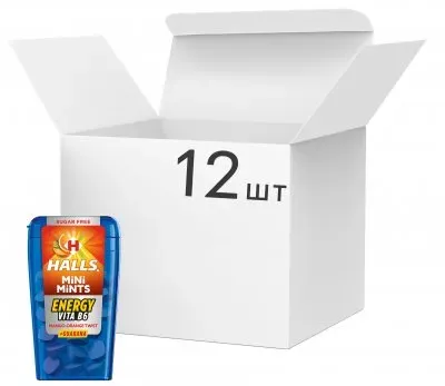 Упаковка цукерок Halls Mini Mints зі смаком манго-апельсин з вітаміном В без цукру 12.5г х 12 шт