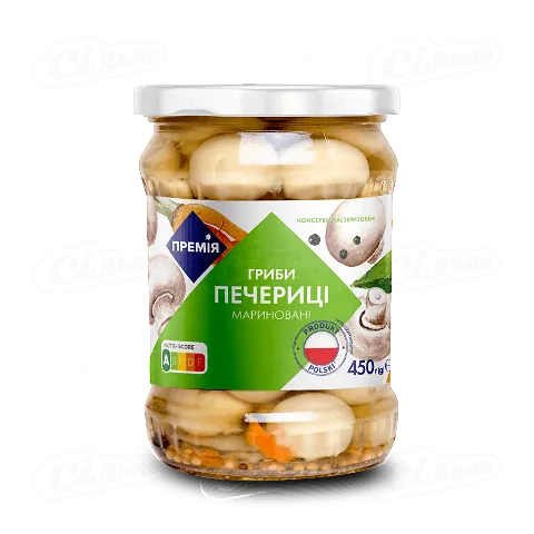 Гриби «Премія»® Печериці мариновані цілі стерилізовані, 450г