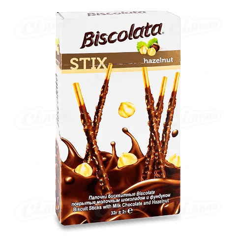 Соломка Biscolata Stix з фундуком в молочному шоколаді 32г