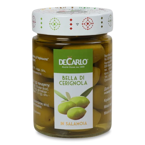 Оливки DeCarlo, В/ґ, Белла Ді Черіньола, Крупні З Кісточкою, 300г