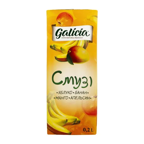 Сік з м’якоттю із суміші фруктів "Смузі яблуко-банан-манго-апельсин" стерилізований ТМ "Galicia"
