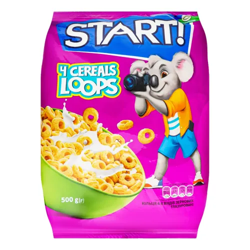 Сніданки сухі 4-х видів зернових глазуровані Кільця Start! м/у 500г