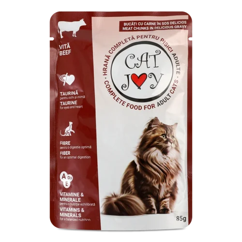 Вологий Повнораціонний Корм Для Дорослих Котів З Яловичиною В Соусі Cat Joy, З/Б 85г