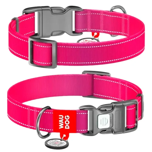 Нашийник для собак Waudog Nylon Mono нейлоновий світловідбивний з QR-паспортом 28-40см/20мм рожевий