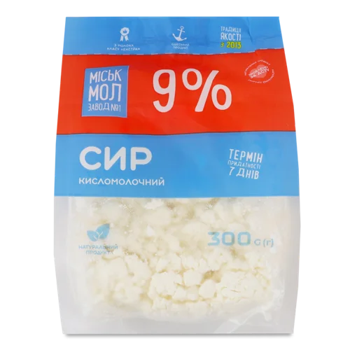 Кисломолочний Сир В/ґ 9%, Міськмолзавод №1, 300г