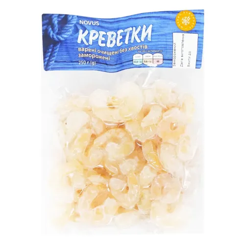 Креветки Novus варені очищені без хвоста заморожені 250г