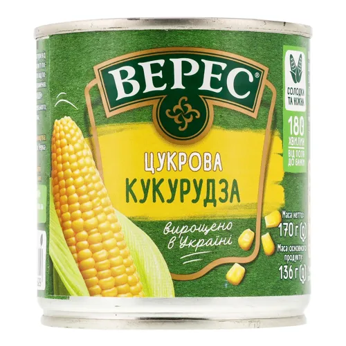 Кукурудза цукрова консервована з цілих зерен Верес з/б 170г