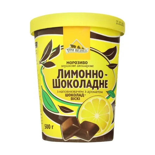 Морозиво вершкове двошарове з наповнювачем з ароматом Шоколад-Віскі Лимонно-Шоколадне Три ведмеді відро 500г