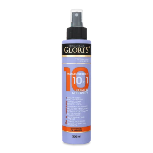 Спрей-Бальзам Для Волосся Мультиефект 10в1 Keratin Recovery Glori's, пластикова пляшка 200мл