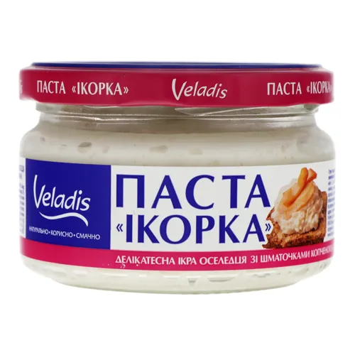 Паста делікатесна ікра оселедця зі шматочками копченого кальмара Ікорка Veladis с/б 160г