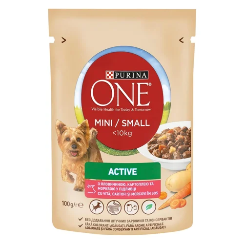 Корм вологий Purina One Active з яловичиною, картоплею та морквою для активних собак малих порід 85г