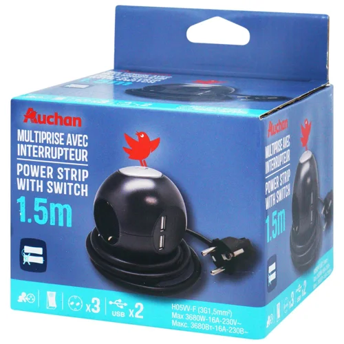 Подовжувач Auchan 3 гнізда з вимикачем 2 usb 1,5м