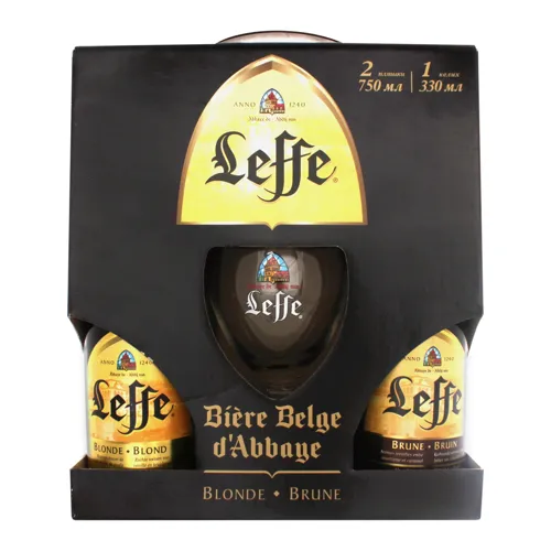 Набір пиво 0.75л 6.4% світле пастеризоване Blonde+пиво 0.75л 6.3% темне пастеризоване Brune+келих 0.33л Leffe 1шт