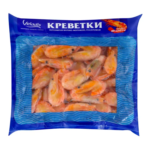 Креветки нерозібрані глазуровані Veladis варено-морожені 800г
