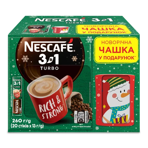 Напій Кавовий Розчинний 3в1 Turbo, 20х13г + Чашка Керамічна Червона Новорічна Nescafe, 1шт