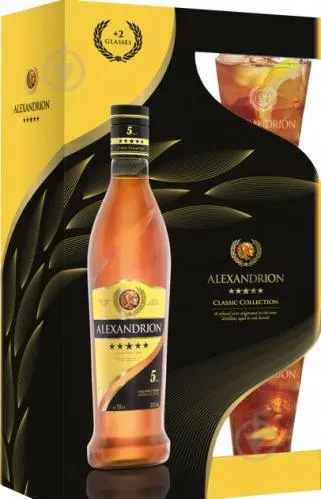 Напій алкогольний ALEXANDRION 5* 0,7л у коробці із 2 склянками