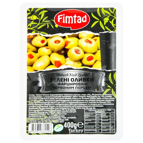 Оливки Fimtad зелені фаршировані червоним перцем 400г