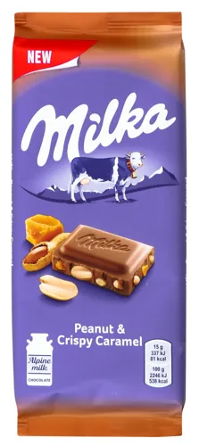 Шоколад молочний «Milka» з арахісом, шматочками хрумкої карамелі, рисовими кульками, 90г