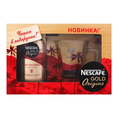 Набір подарунковий кава розчинна Gold Origins + чашка скляна Nescafe 1 шт