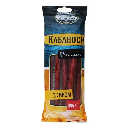 Ковбаски Кабаноссі з сиром Premium Запорізькі ковбаси натуральна оболонка м'яка упаковка 100г