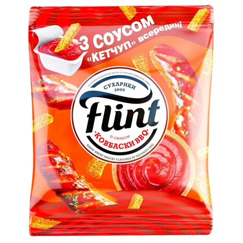 Сухарики Flint зі смаком ковбасок 80г + кетчуп 15г