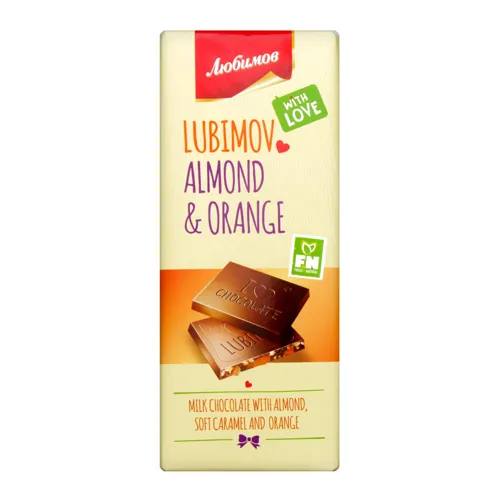 Шоколад Любимов молочний з карамеллю, мигдалем та апельсиновою цедрою 85г