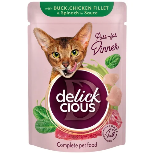 Корм вологий Delickcious з качкою, куркою та шпинатом для котів 85г