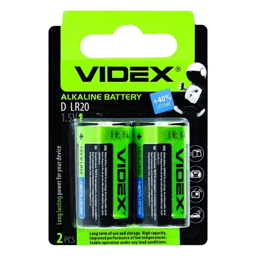 Батарейки Videx LR2O/D лужні 2шт.