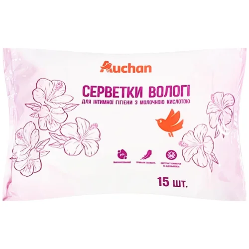 Серветки вологі Auchan для інтимної гігієни з молочною кислотою 15шт