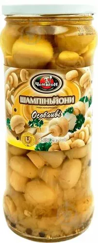 Гриби печериці Чемпіон Особливі мариновані цілі у скляній банці, 580г