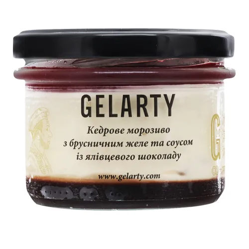 Морозиво Кедрове з брусничним желе і соусом з ялівцевого шоколаду Gelarty с/б 235мл
