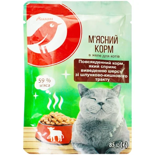 Корм вологий Auchan з м'ясом для виведення шерсті у котів 100г