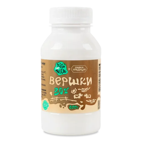 Вершки 30% Питні Пастеризовані Villa Milk, Пластикова Пляшка 200г