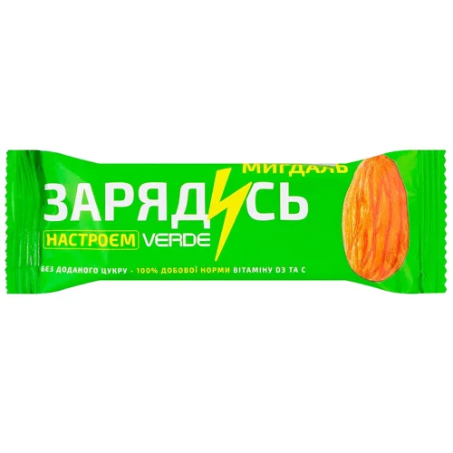 Батончик Verde Зарядись настроєм з вітаміном D3, мигдалем та білим шоколадом 30г