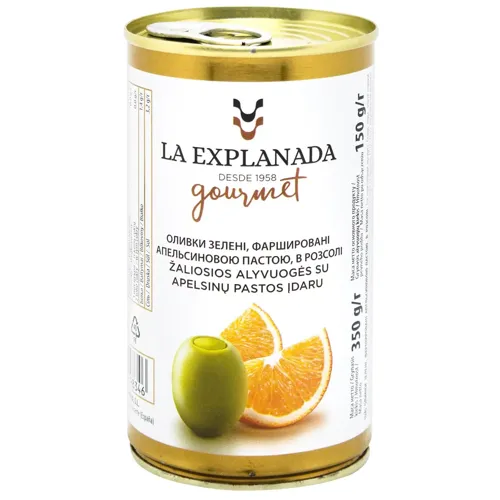 Оливки Explanada зелені фаршировані апельсиновою пастою в розсолі 370мл