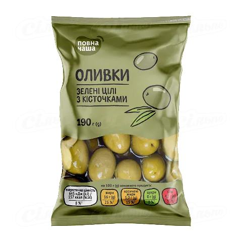 Оливки «Повна Чаша»® зелені з кісточкою, філ-пак, 190г
