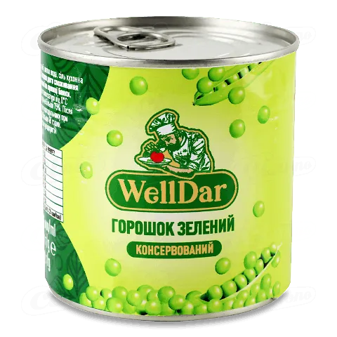 Горошок WellDar зелений консервований, ключ з/б, 420г