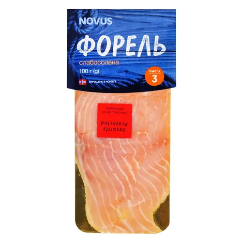 Форель Novus Скибочки слабосолена 100г