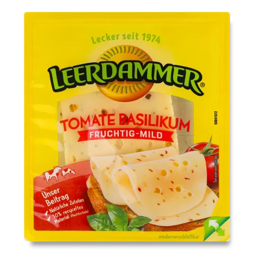 Сир Твердий Вищого Ґатунку Скибками Tomate Basilikum Leerdammer, 100г