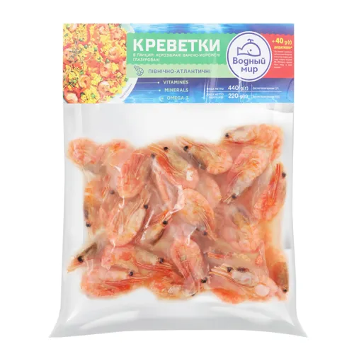 Креветки 70/90 в панцирі нерозібрані Водний світ варено-морожені 440г