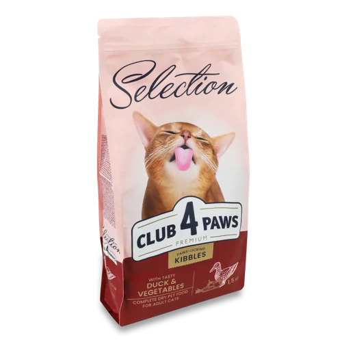 Корм сухий повнораціонний для дорослих котів з качкою та овочами Premium Selection Club 4 Paws, м/у 1.5 кг